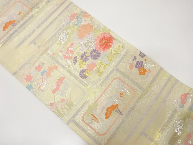 アンティーク　花車に尾長鶏・松藤梅模様織出し袋帯（材料）